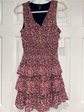 1. STATE Pink Multi Floral V-Neck Tiered Mini Dress